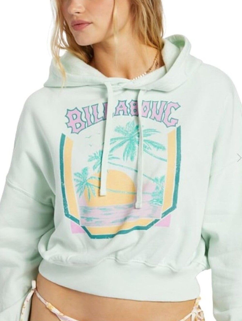 Billabong All Time Hoodie Cropped Fleece Graphic Palm Trees Pullover Mint Size L